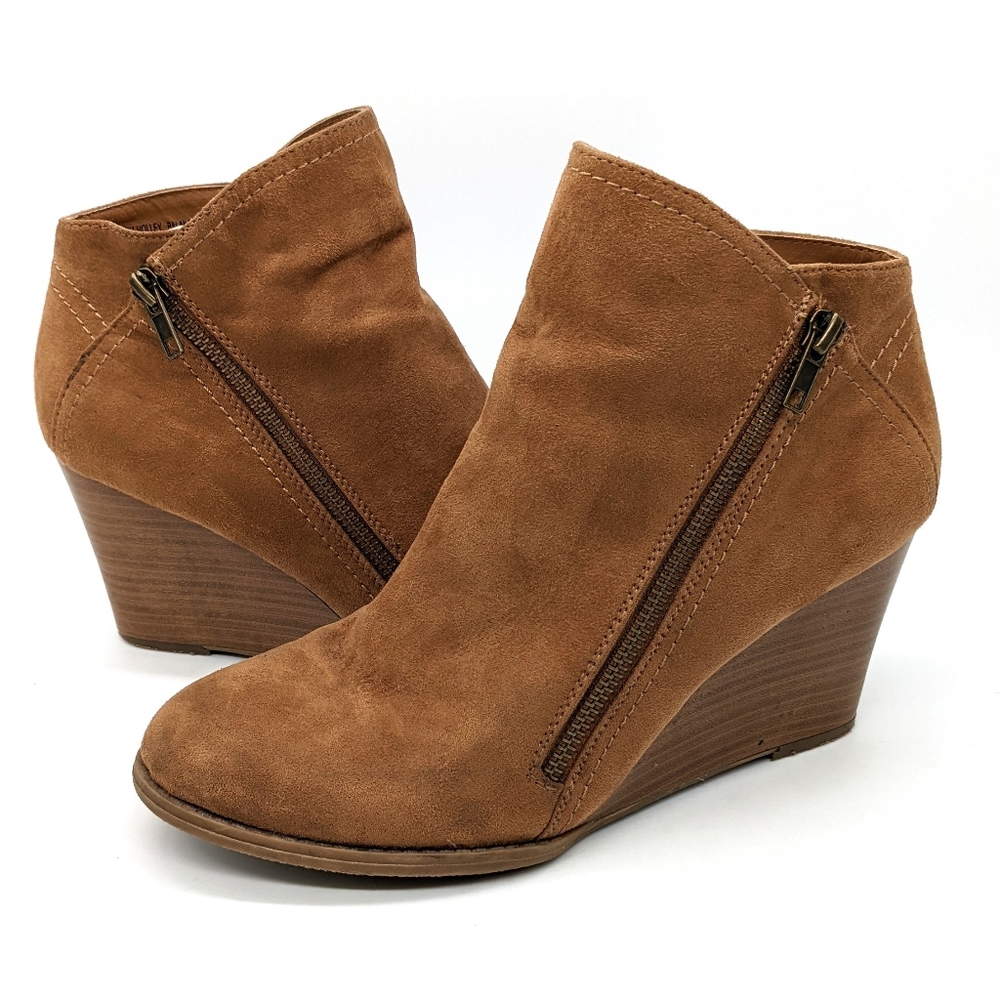 Ruff Hewn Holley Ankle Boots Wedge Heel Tan Brown Zippers Women's Size 9.